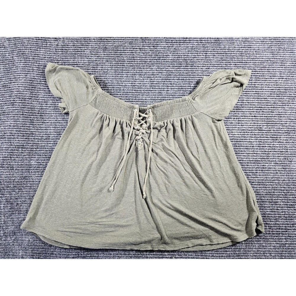 American Eagle Outfitters Top Womens Medium Green Smocked Cold Shoulder Lace Up